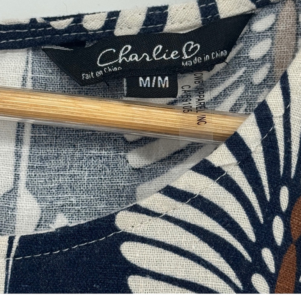Charlie B Navy Cream Palm Fan Print Linen Blend Shift Dress Side Buttons‎ Medium - Picture 3 of 9